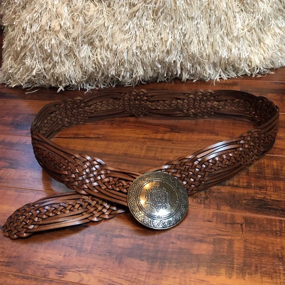 Vintage 90s L Large BoHo Hippy Cognac Brown Woven Faux Leather Filagree Buck…